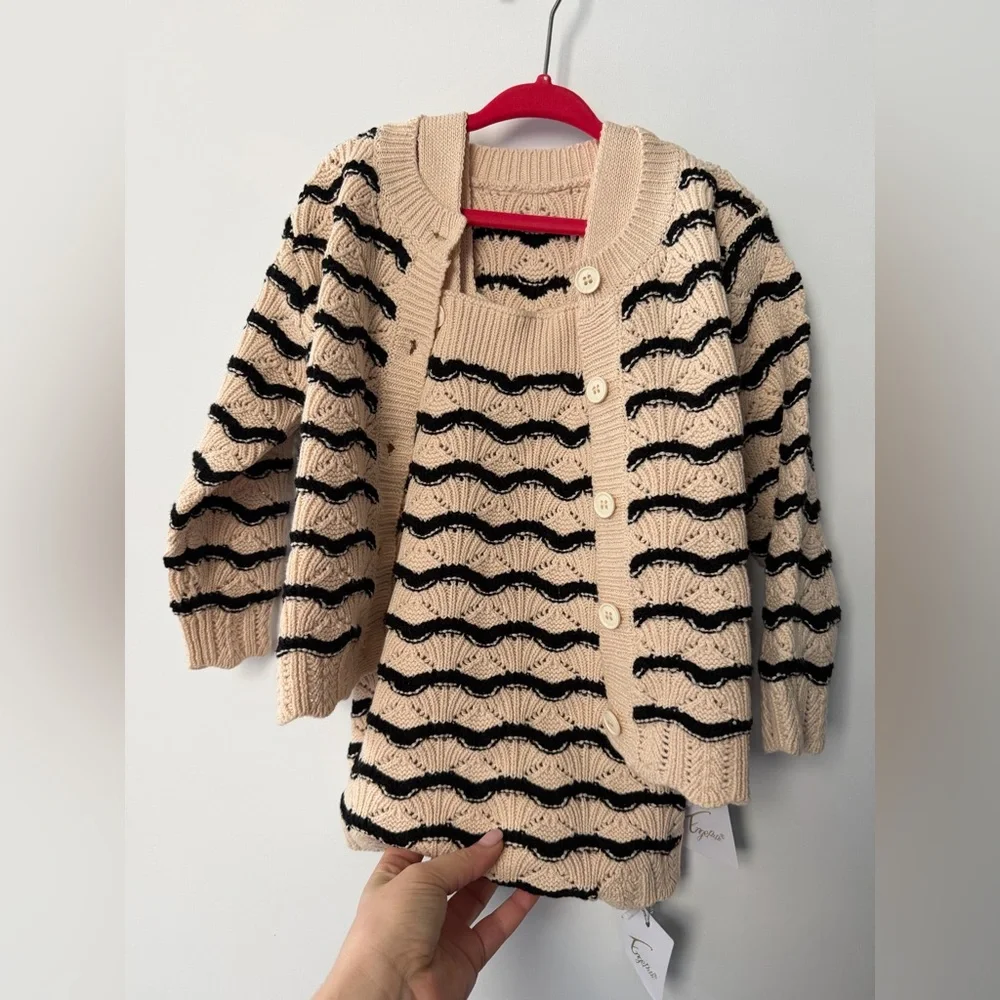 Toddler Cream and Black Striped Knit Cardigan Set - Picture 3 of 12